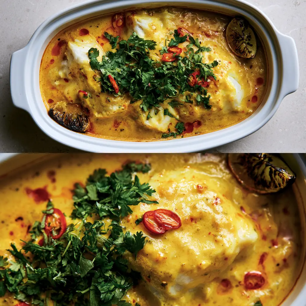 Coconut Curry Baked Cod with Flaky White Fish and Velvety Gold Sauce 2 Top-down and macro view of coconut curry baked cod in a white ceramic dish with red bird's eye chilies.