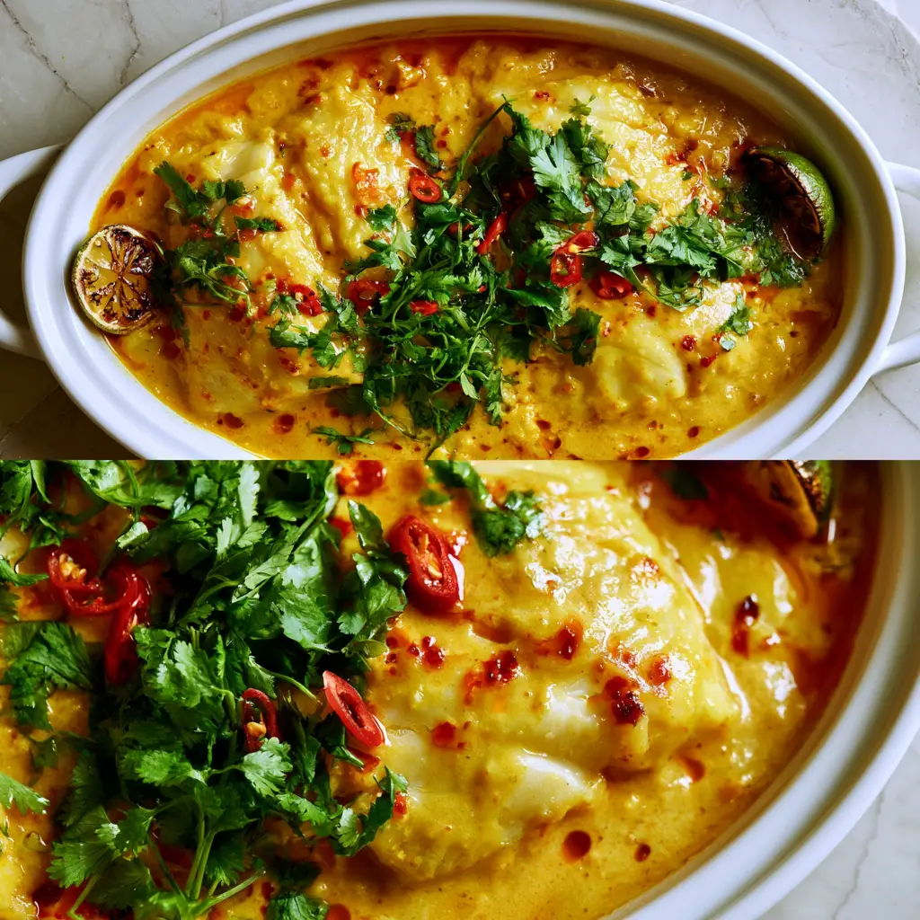 Coconut Curry Baked Cod with Flaky White Fish and Velvety Gold Sauce 1 Macro close-up of a fork-tender cod fillet glistening with golden coconut curry sauce and red chili oil.