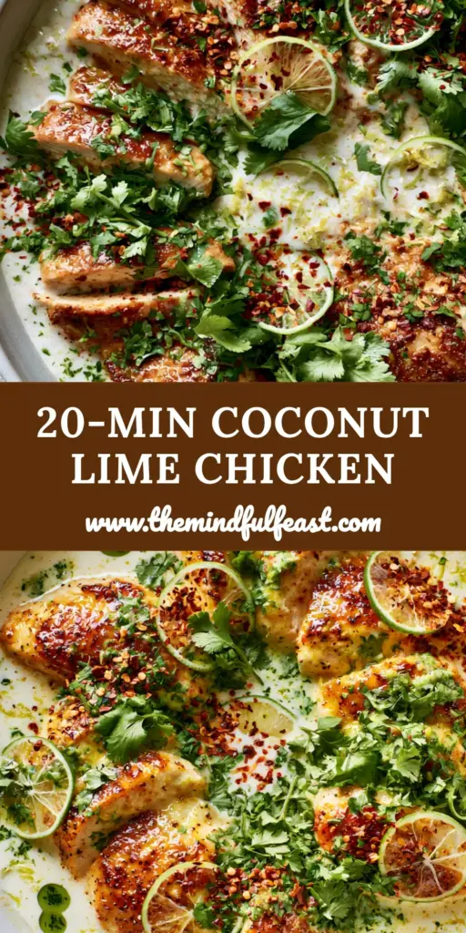 A top-down view of a modern white skillet featuring seared golden-brown chicken slices in a thick coconut milk sauce garnished with lime and cilantro. (coconut chicken recipe)