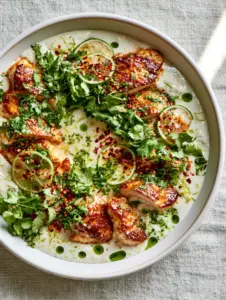 A smartphone-style photo of seared chicken breasts in a velvety white coconut sauce with visible green herb oil droplets. (coconut chicken recipe)