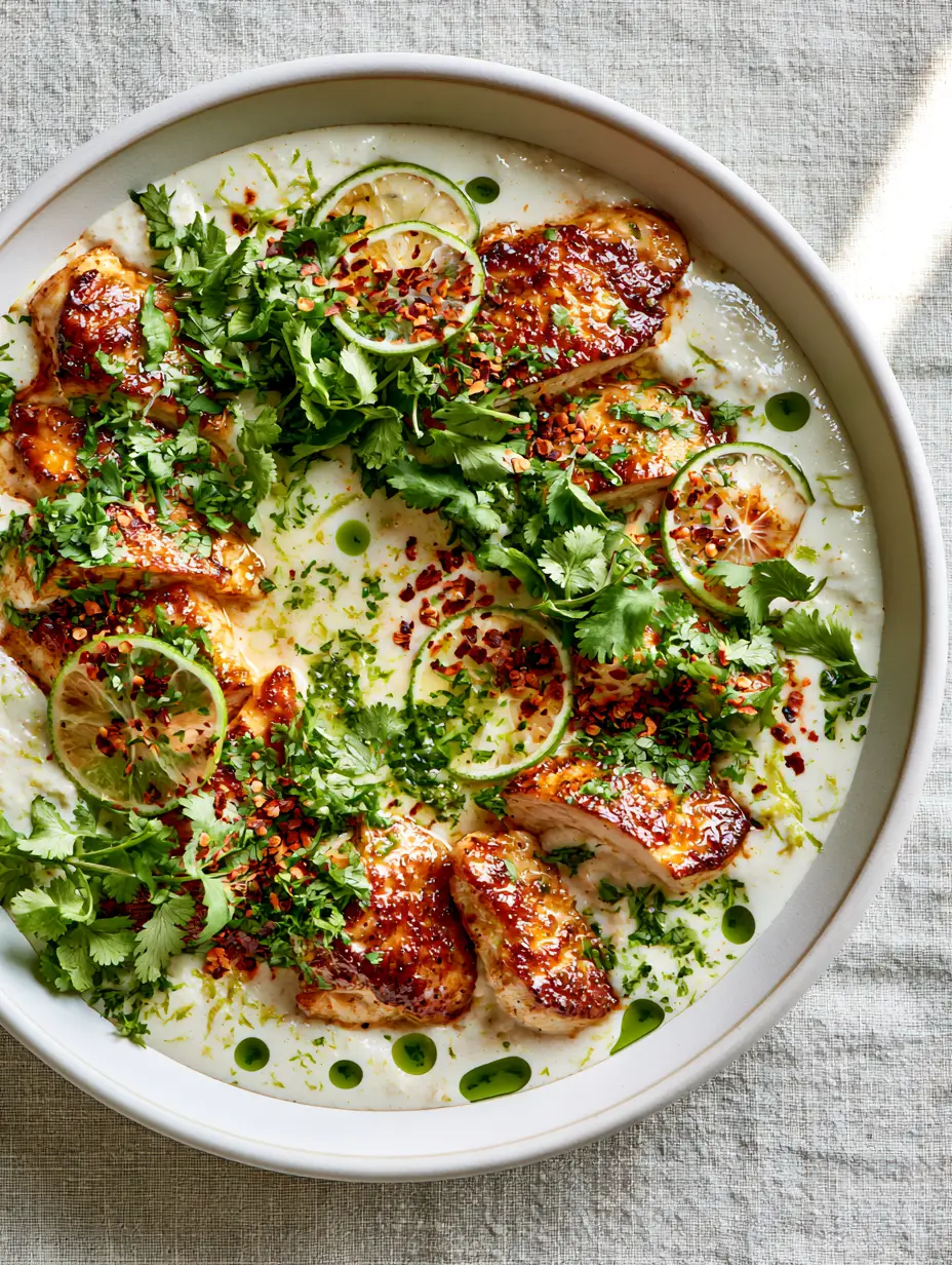 A smartphone-style photo of seared chicken breasts in a velvety white coconut sauce with visible green herb oil droplets. (coconut chicken recipe)
