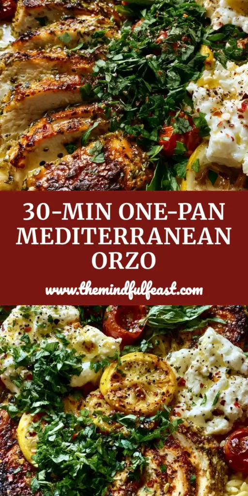 Mediterranean Chicken Orzo: The Ultimate One-Pan Creamy Lemon Skillet 4 A rustic ceramic skillet filled with Mediterranean Chicken Orzo featuring golden-brown chicken slices, blistered cherry tomatoes, and melting feta on a marble background.