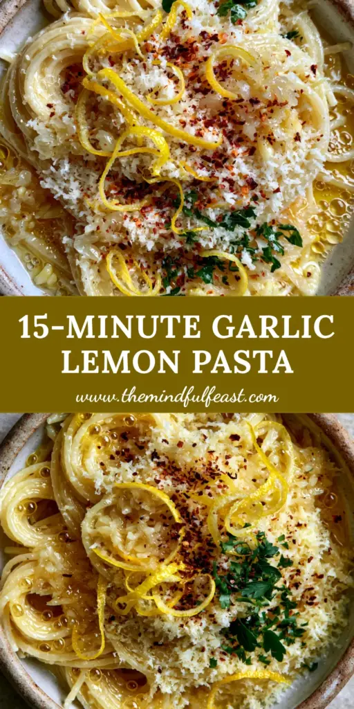 Garlic Lemon Pasta with a Glossy Emulsified Butter Sauce 4 Top-down view of Garlic lemon pasta in a shallow ceramic bowl with glossy sauce and lemon zest curls.