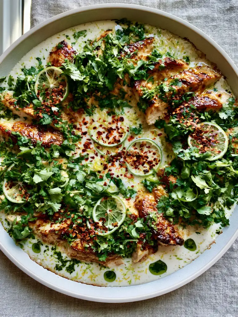 High-angle photo showing the garnishing process of the coconut chicken recipe with lime wheels and red chili flakes.