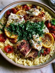 Close-up of seared chicken breast slices and velvety orzo with charred lemon wheels in a ceramic pan. (Mediterranean Chicken Orzo)