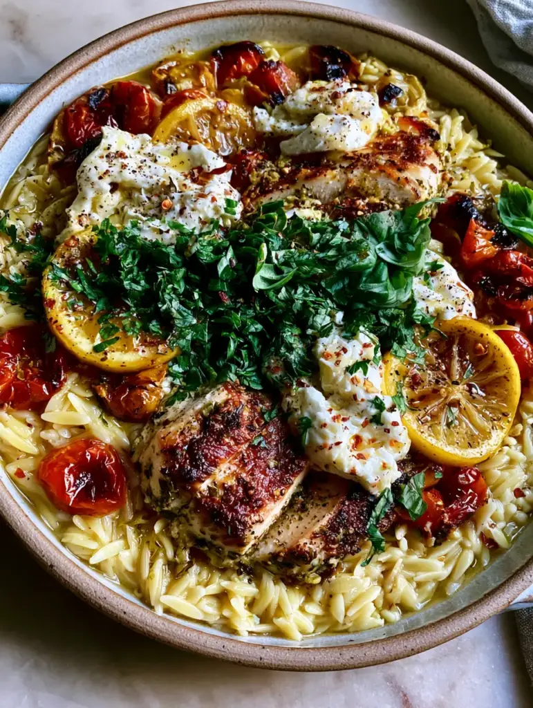 Mediterranean Chicken Orzo: The Ultimate One-Pan Creamy Lemon Skillet 2 Close-up of seared chicken breast slices and velvety orzo with charred lemon wheels in a ceramic pan. (Mediterranean Chicken Orzo)