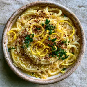 A close-up of Garlic lemon pasta showing the glossy translucent sauce and tiny bubbles on the spaghetti.