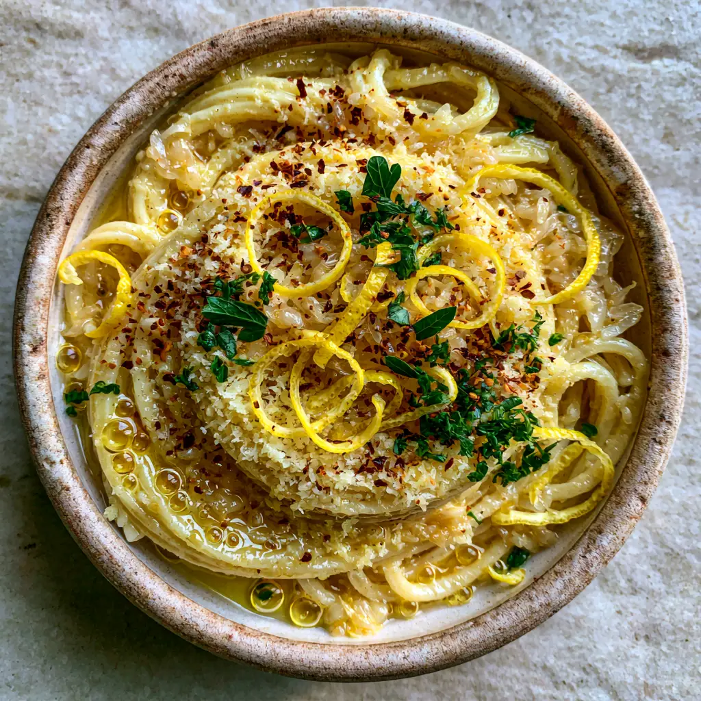 Garlic Lemon Pasta with a Glossy Emulsified Butter Sauce 2 A close-up of Garlic lemon pasta showing the glossy translucent sauce and tiny bubbles on the spaghetti.
