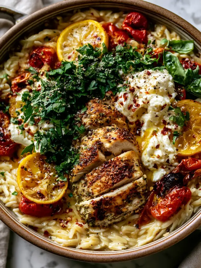 Mediterranean Chicken Orzo: The Ultimate One-Pan Creamy Lemon Skillet 1 Top-down view of Mediterranean Chicken Orzo with melted feta, fresh basil, and cracked black pepper garnish.