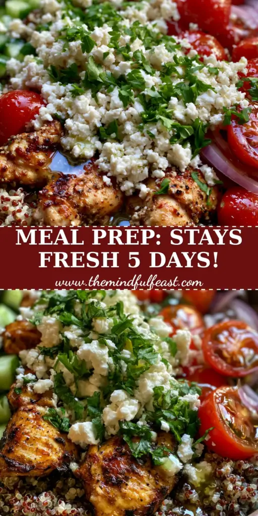 Chicken and Quinoa Salad with Mediterranean Lemon-Herb Chicken and Feta 4 A top-down view of a Mediterranean Chicken and Quinoa Salad in a matte bowl with charred chicken, feta, and tri-color quinoa.