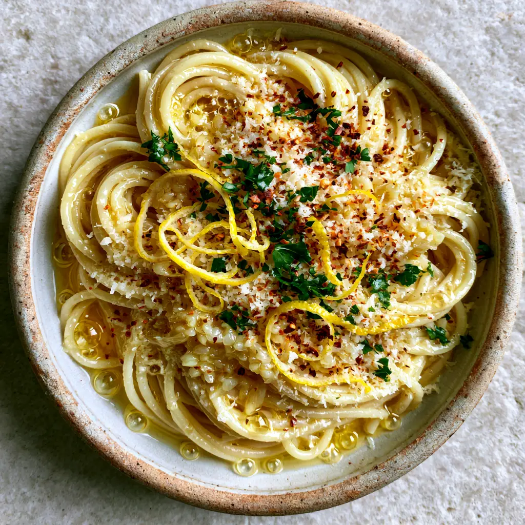 Garlic Lemon Pasta with a Glossy Emulsified Butter Sauce 1 A top-down smartphone photo of Garlic lemon pasta with fluffy parmesan cheese and bright red pepper flakes.