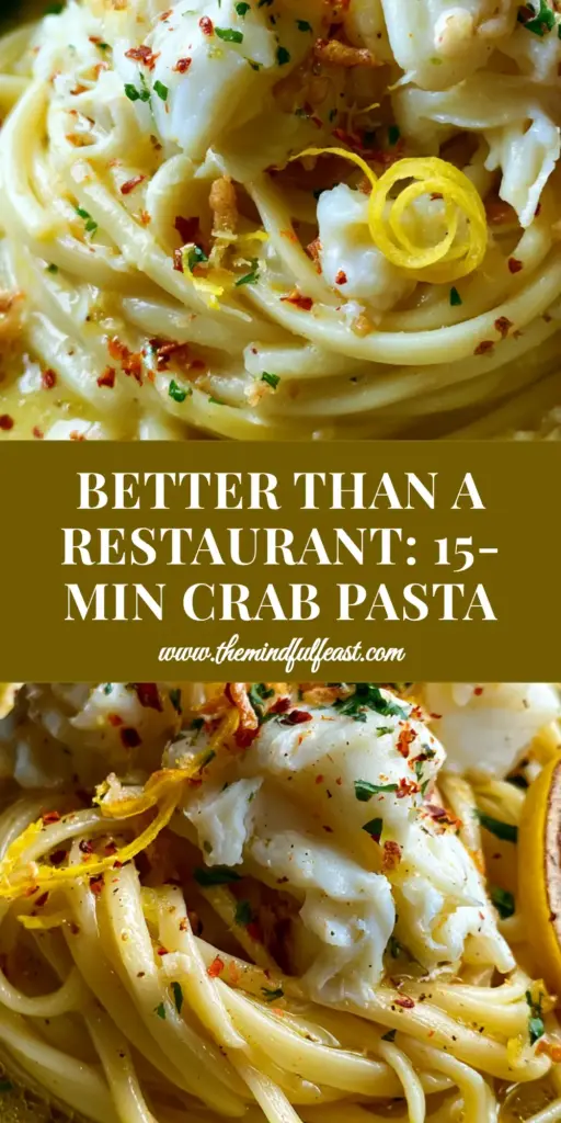 Crab Pasta with Lemon Garlic Butter and Jumbo Lump Meat 3 A macro close-up of a twirl of crab pasta with jumbo lump chunks and toasted garlic in a charcoal bowl.