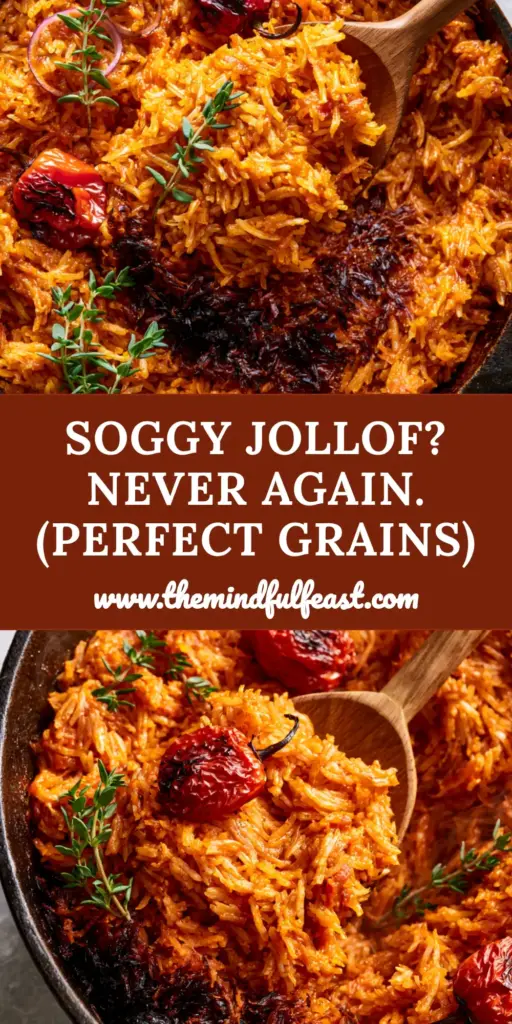 A rustic cast iron pot filled with vibrant orange-red Cameroonian Jollof Rice, topped with charred scotch bonnet peppers, fresh thyme, and raw red onion rings. A wooden spoon reveals a crispy burnt rice base.