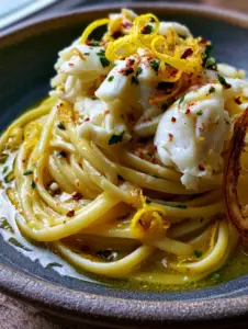 Extreme macro of glossy linguine crab pasta with tiny bubbles in the lemon garlic butter sauce.