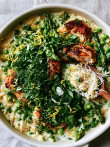 Top-down view of velvety orzo pearls in a pale lemon-cream sauce with crispy chicken and garden peas. (creamy spring herb chicken orzo)