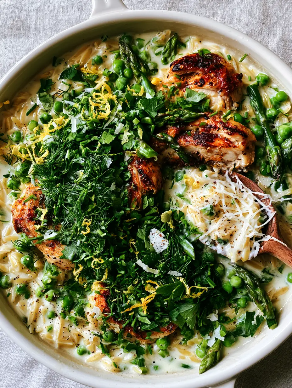 Creamy Spring Herb Chicken Orzo: A One-Pan Lemon Garlic Masterpiece 3 Top-down view of velvety orzo pearls in a pale lemon-cream sauce with crispy chicken and garden peas. (creamy spring herb chicken orzo)