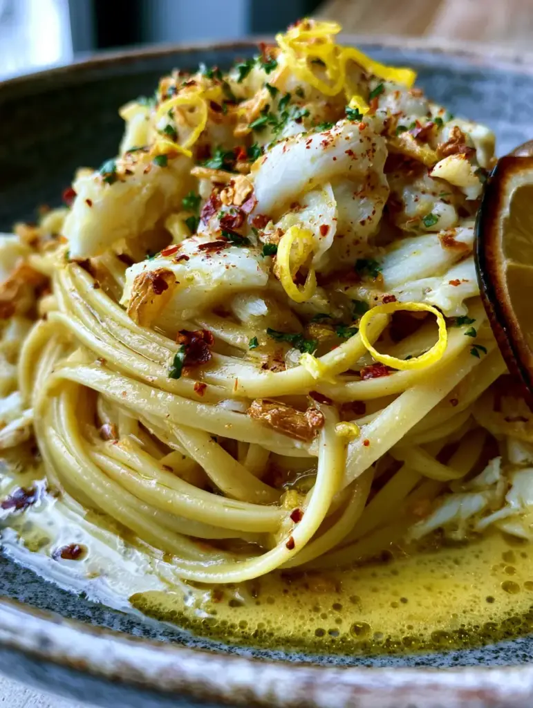 Crab Pasta with Lemon Garlic Butter and Jumbo Lump Meat 1 Close-up of jumbo lump crab meat chunks nestled in a twirl of linguine with red chili flakes and parsley.