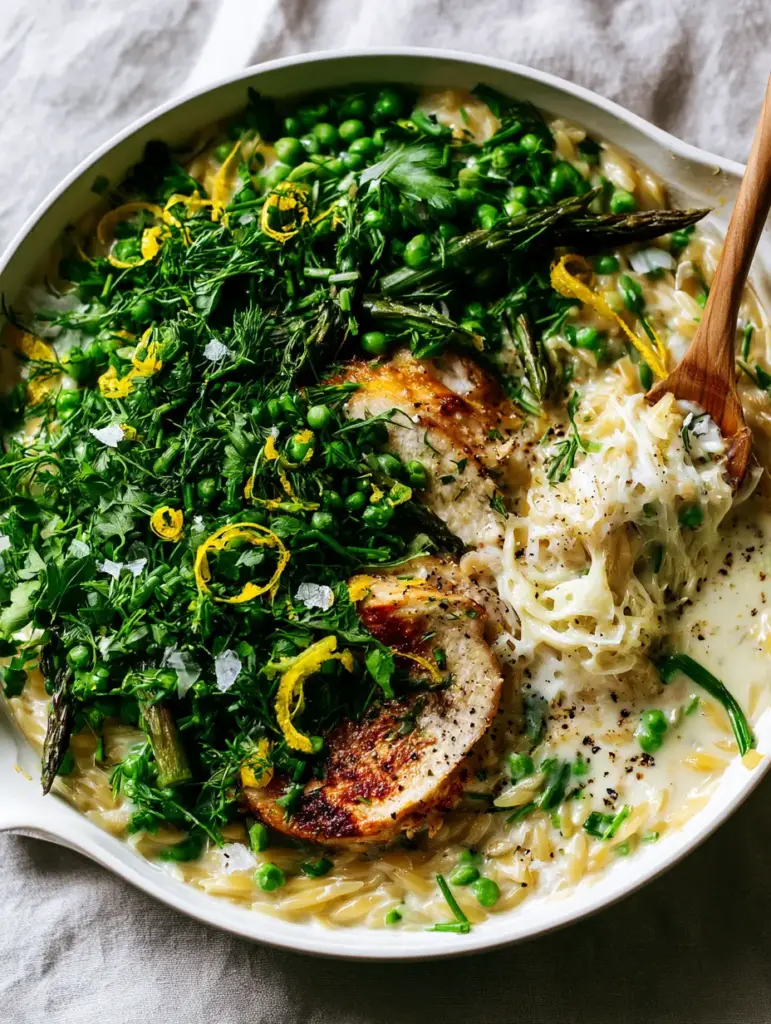 Creamy Spring Herb Chicken Orzo: A One-Pan Lemon Garlic Masterpiece 1 Close-up of a wooden spoon lifting a creamy portion of chicken orzo showing melted parmesan strings and fresh herbs.