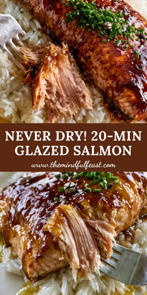 A thick, succulent brown sugar glazed salmon fillet with a bubbling mahogany coating served on fluffy jasmine rice.
