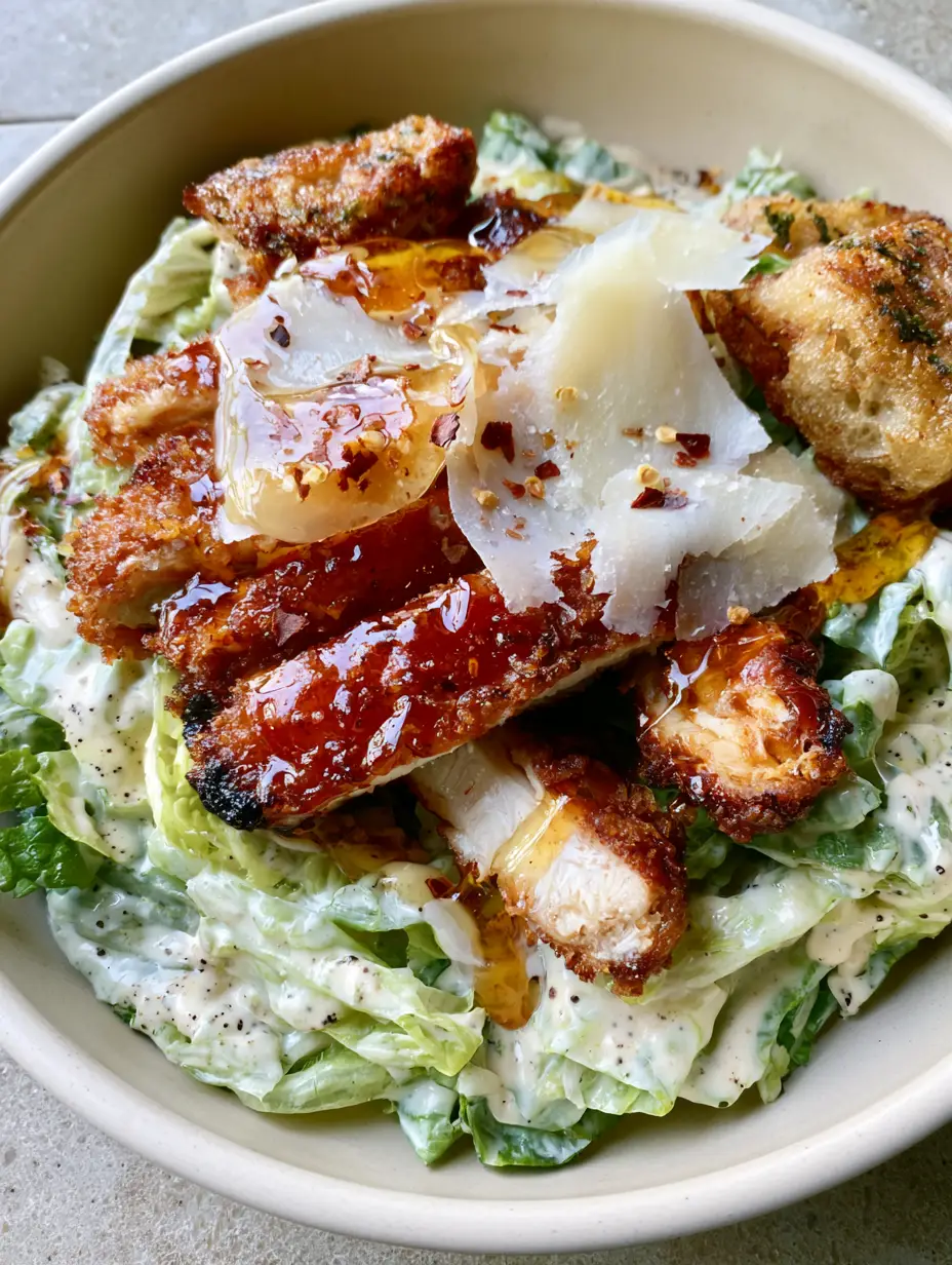 Hot Honey Crispy Chicken Caesar Salad: The Ultimate Sweet and Spicy Crunch 3 A close-up handheld smartphone photo of hot honey crispy chicken caesar salad with glossy amber honey drizzle and charred chicken edges.