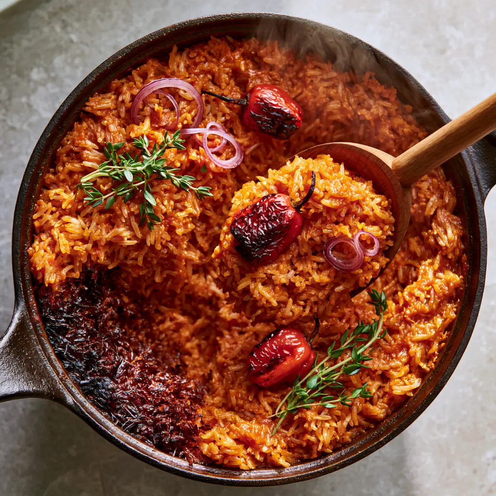 Close-up of a wooden spoon lifting a portion of Cameroonian Jollof Rice to reveal the dark brown crispy rice base at the bottom of the pot.