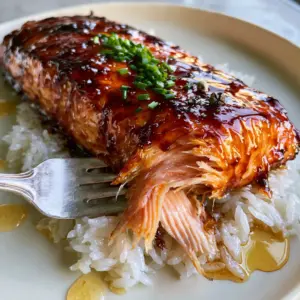 Top-down close-up of brown sugar glazed salmon showing the glistening mahogany glaze and minced chives.