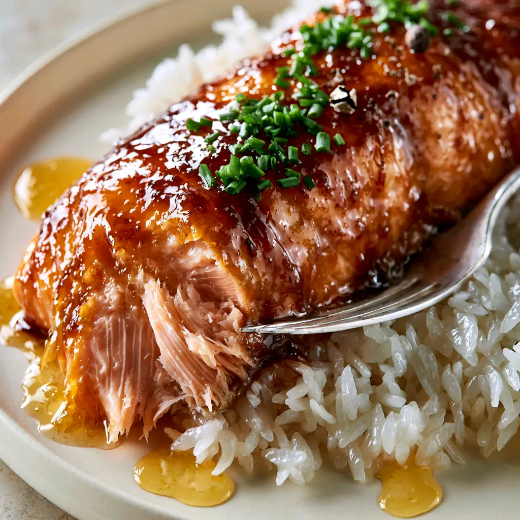 A silver fork flaking a piece of brown sugar glazed salmon to reveal the moist, light pink interior fat lines.