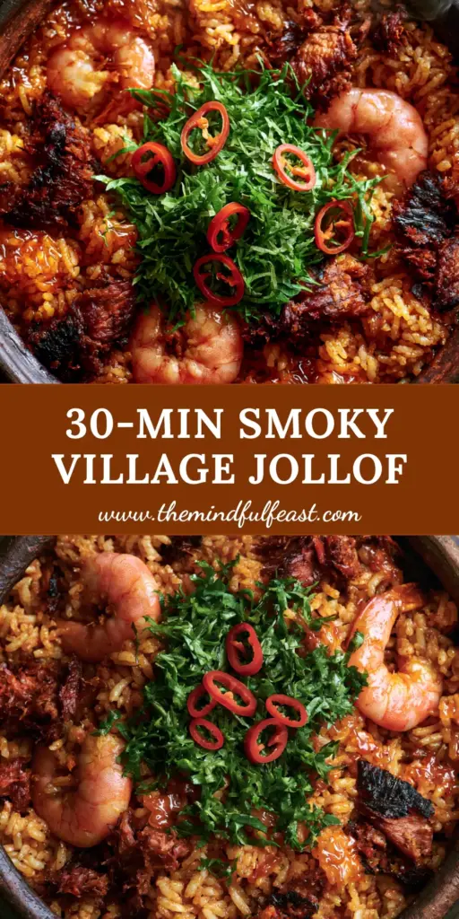 A top-down macro shot of Authentic Nigerian Native Jollof Rice served in a rustic dark clay pot with prawns and scent leaves.