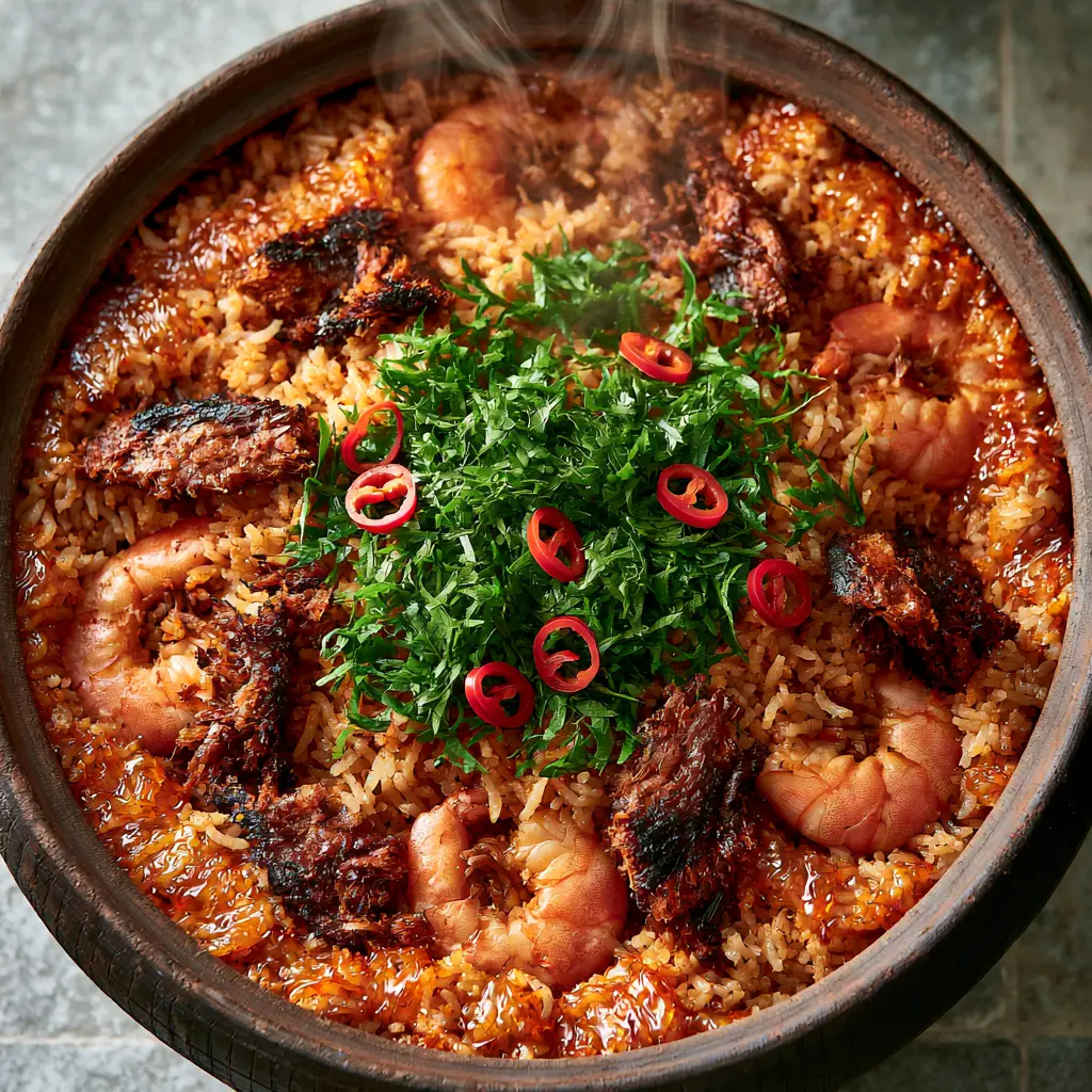 Steam rising from a rustic pot of Native Jollof Rice garnished with green scent leaves.