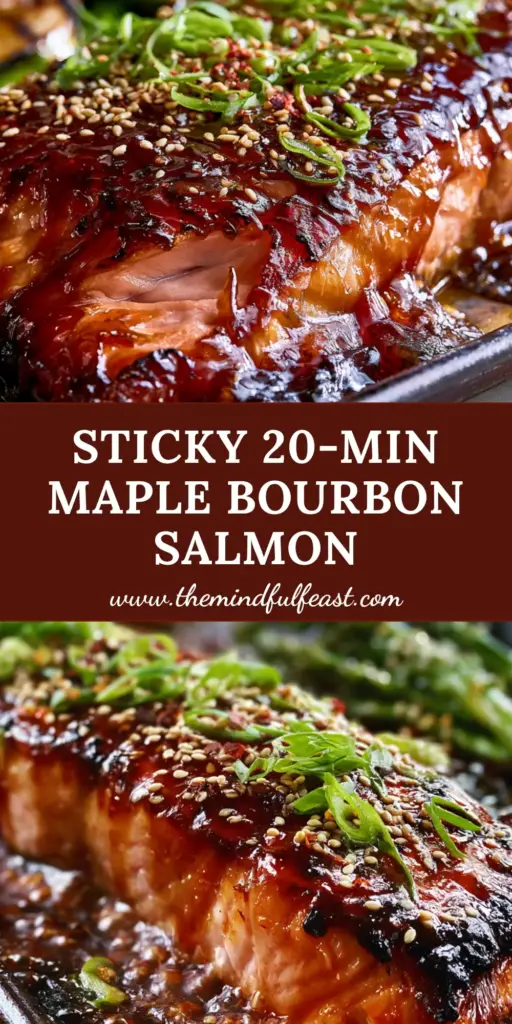 Maple Bourbon Glazed Salmon: The Ultimate Sticky-Sweet Sheet Pan Dinner 3 A close-up shot of maple bourbon glazed salmon with a sticky mahogany glaze, toasted sesame seeds, and charred lemon wheels on a rustic pan.