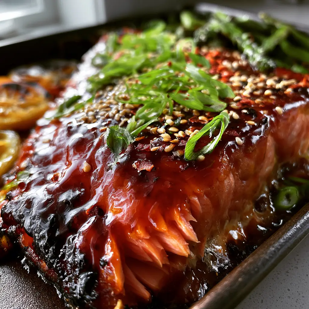 Maple Bourbon Glazed Salmon: The Ultimate Sticky-Sweet Sheet Pan Dinner 2 Ultra close-up of maple bourbon glazed salmon showing the tacky, bubbling mahogany glaze and moist pink interior flakes.