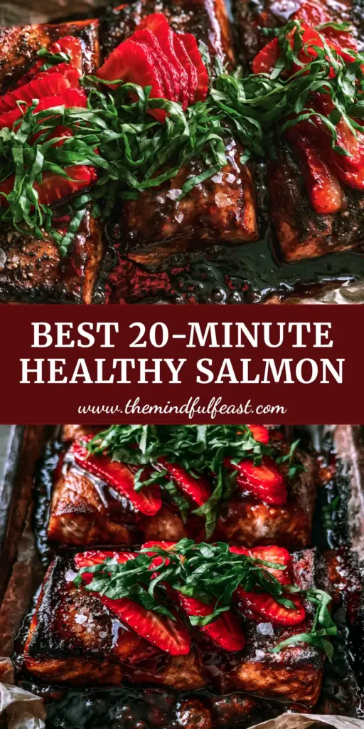 A top-down view of three thick Strawberry Balsamic Glazed Salmon fillets on a rustic sheet pan with bubbling ruby glaze, sliced strawberries, and fresh basil ribbons.