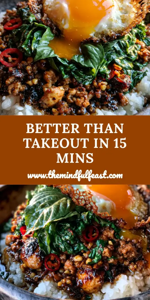 Thai Basil Chicken: The Ultimate Authentic Pad Krapow Recipe 4 A gourmet bowl of Thai basil chicken with caramelized meat, red bird's eye chilies, and a crispy fried egg with a runny orange yolk over jasmine rice.