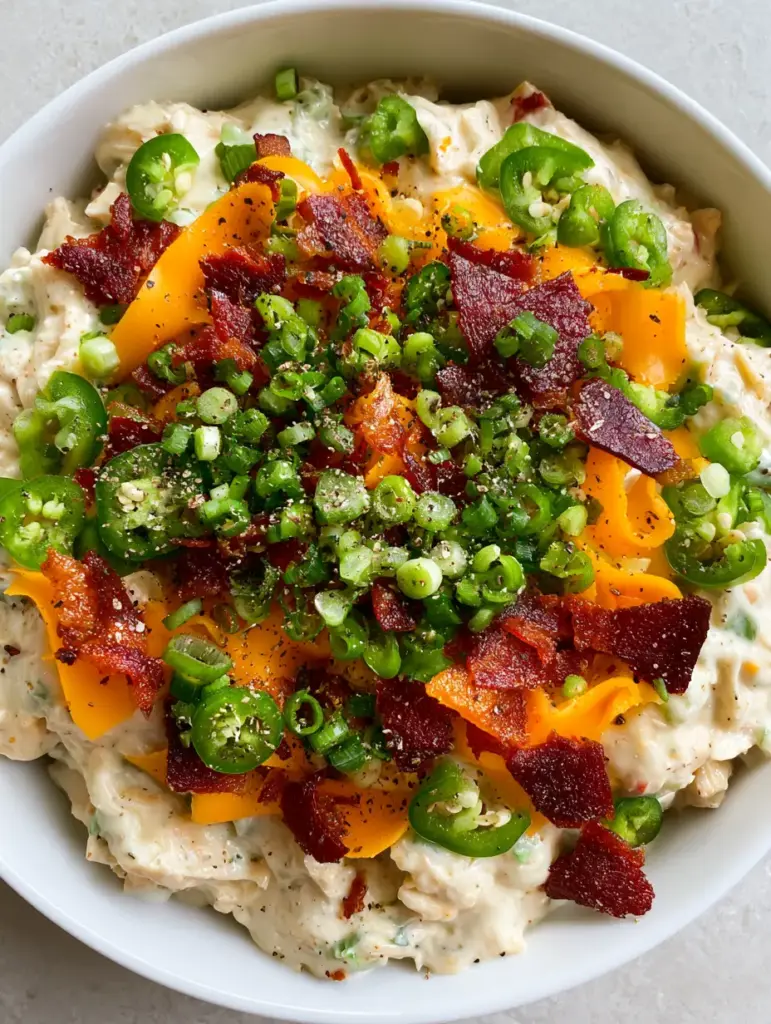 Jalapeno Popper Chicken Salad: The Ultimate Creamy and Smoky Low-Carb Recipe 1 Detailed macro view of shredded chicken, cheddar curls, and cracked black pepper in a chicken salad.
