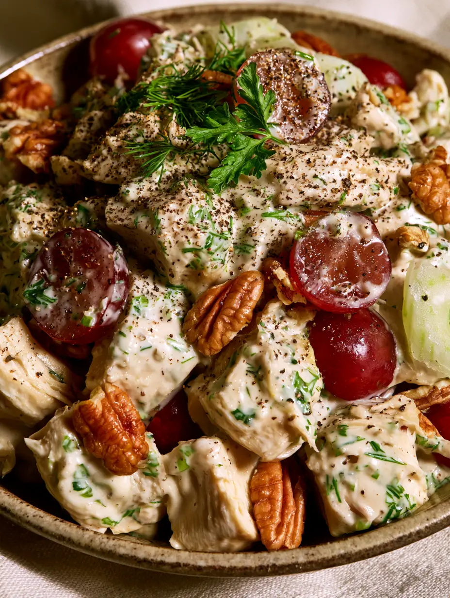 Savory Chicken Salad with Grapes and Toasted Pecans 3 Eye-level macro shot of creamy savory chicken salad showing thick chunks of roasted chicken and crimson grapes.
