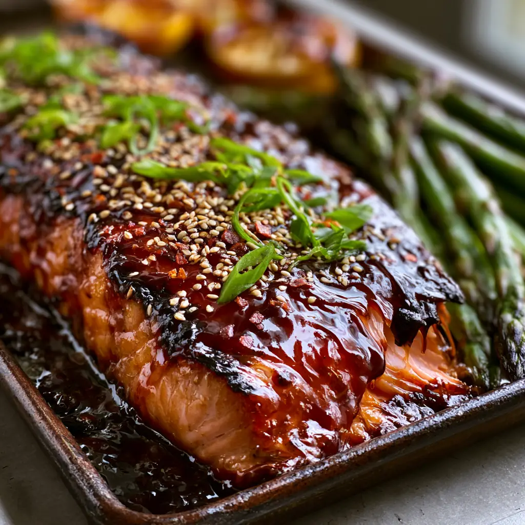 Maple Bourbon Glazed Salmon: The Ultimate Sticky-Sweet Sheet Pan Dinner 1 Maple bourbon glazed salmon on a sheet pan with blistered asparagus and roasted lemon wheels.