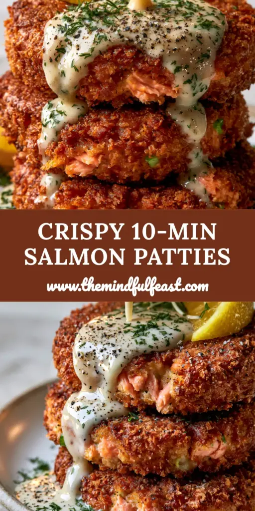 Canned salmon recipes: The Ultimate Ultra-Crispy Salmon Patties with Lemon-Garlic Cream 4 A vertical stack of three ultra-crispy salmon patties with a golden panko crust and lemon-garlic sauce. (canned salmon recipes)