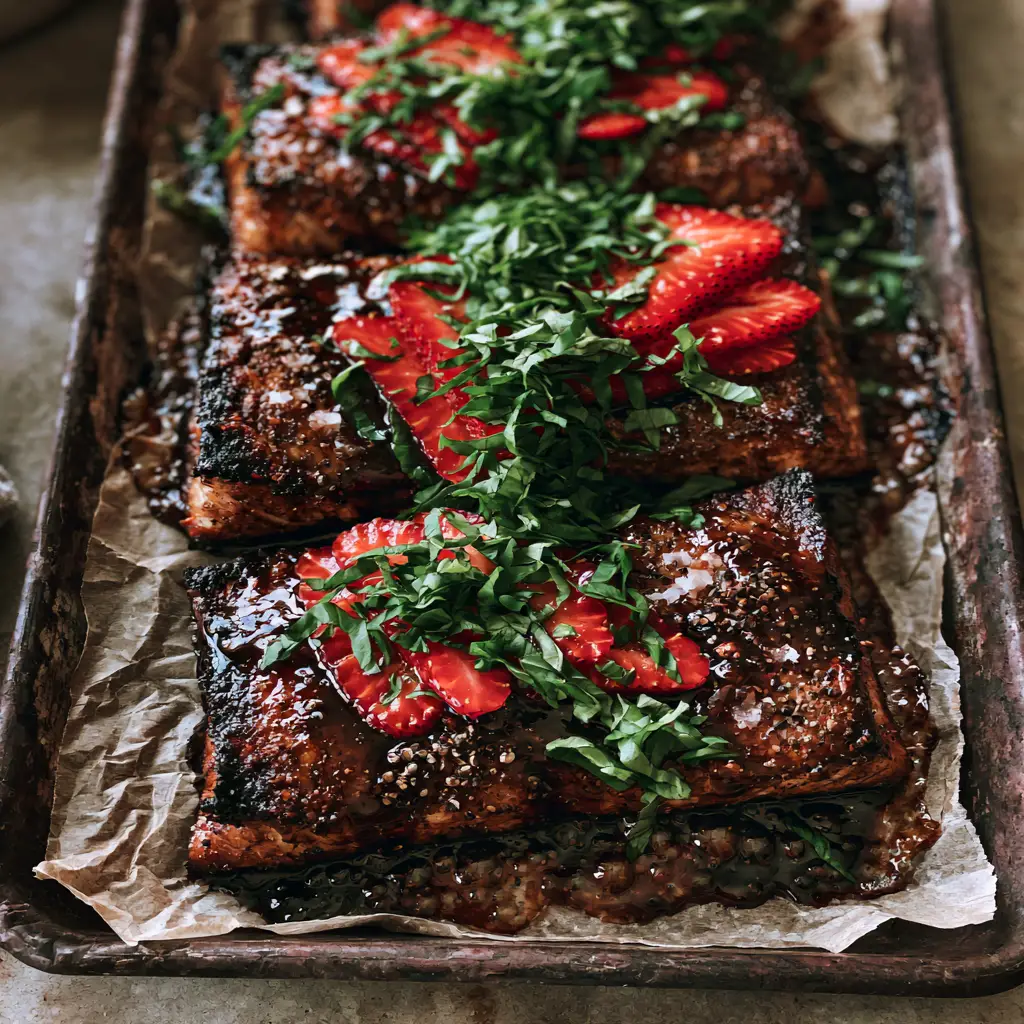 Close up of Strawberry Balsamic Glazed Salmon showing high-gloss shimmer on the ruby-red reduction and fresh basil chiffonade.