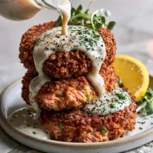 Close-up high-angle shot of thick salmon cakes showing the deep golden-brown craggy panko texture. (canned salmon recipes)