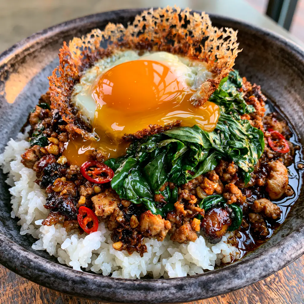 Thai Basil Chicken: The Ultimate Authentic Pad Krapow Recipe 1 Thai basil chicken topped with a wok-fried egg featuring lacy golden edges and a vibrant orange yolk spilling over the rice.