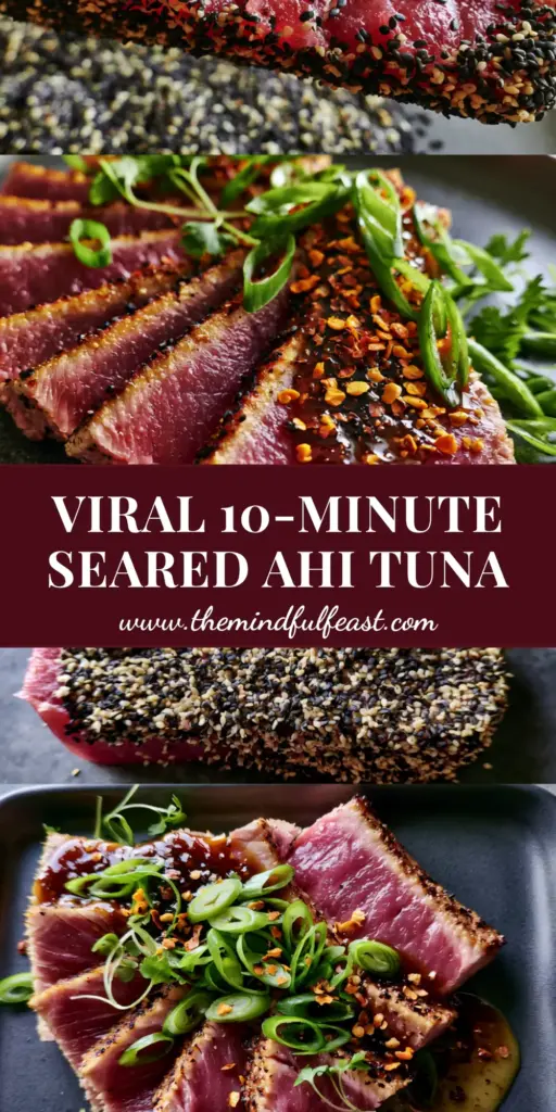 A fanned-out plate of sesame crusted tuna with soy ginger glaze and micro cilantro on a charcoal plate. (tuna steak recipe)