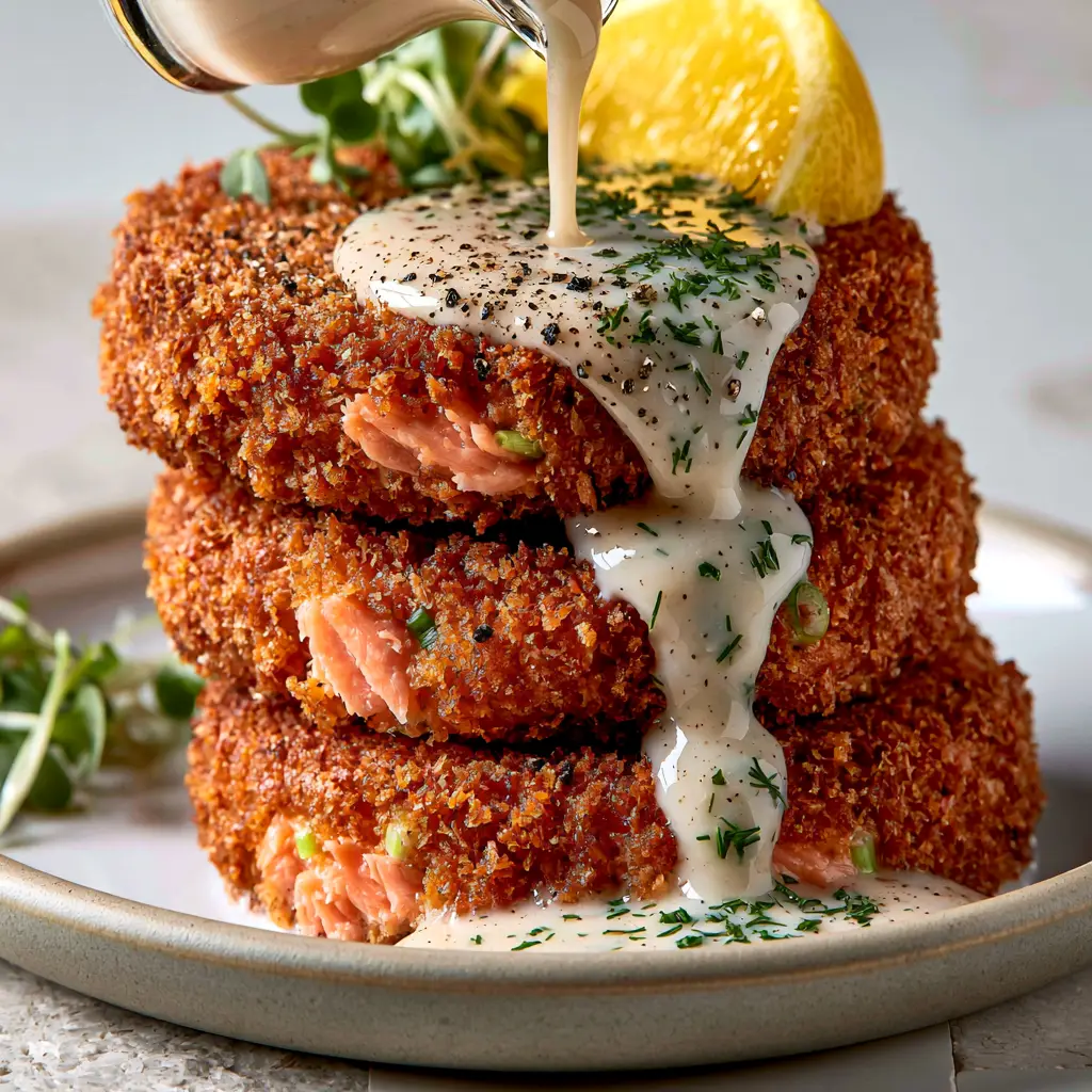 Canned salmon recipes: The Ultimate Ultra-Crispy Salmon Patties with Lemon-Garlic Cream 1 Lemon-garlic cream sauce being drizzled over a stack of salmon cakes garnished with dill and lemon wedges.