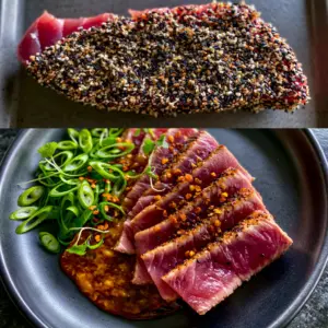 Split screen showing raw ahi tuna being crusted in seeds and the finished seared tuna steak slices. (tuna steak recipe)