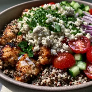 Macro shot of seared lemon-herb chicken with golden char on a bed of tri-color quinoa.