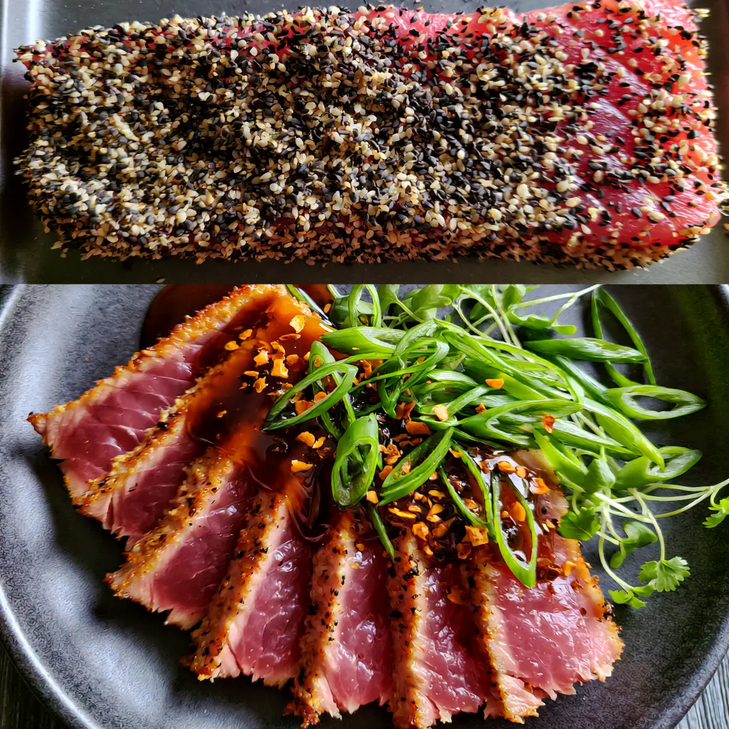 Top-down view of sliced ahi tuna steak with thick soy ginger reduction and green scallions.