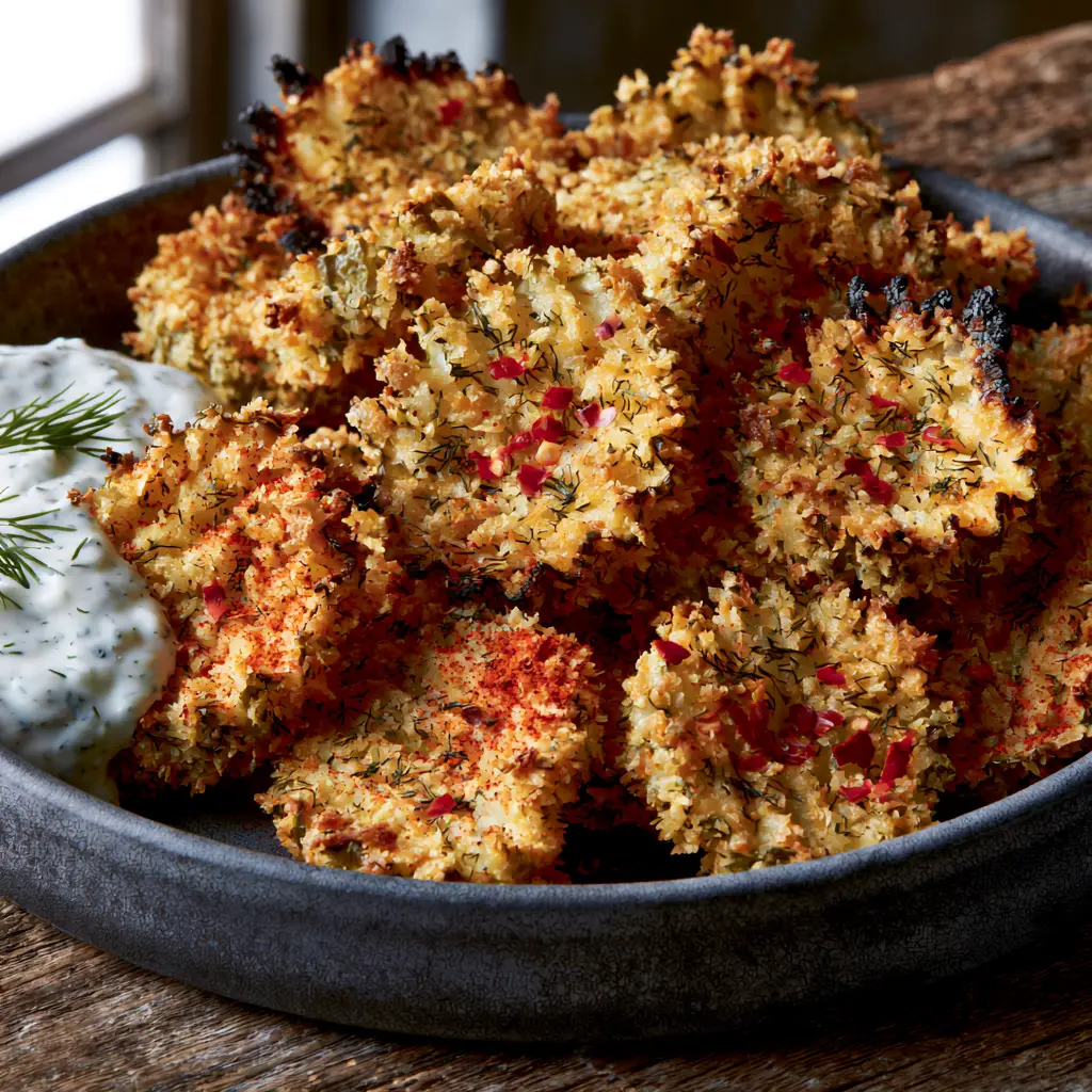 Spicy Dill Pickle Chips: The Ultimate Panko-Crusted Crunch Recipe 2 Ultra-crunchy crinkle-cut spicy dill pickle chips with visible dried dill and red chili flakes in a charcoal bowl.