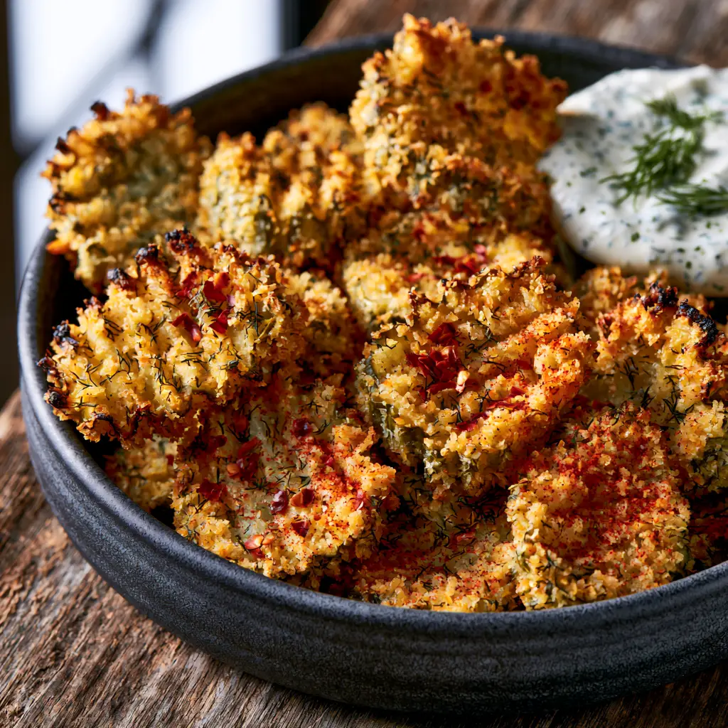 Spicy Dill Pickle Chips: The Ultimate Panko-Crusted Crunch Recipe 1 Close up of spicy dill pickle chips partially submerged in thick white ranch dressing on a rustic wooden surface.