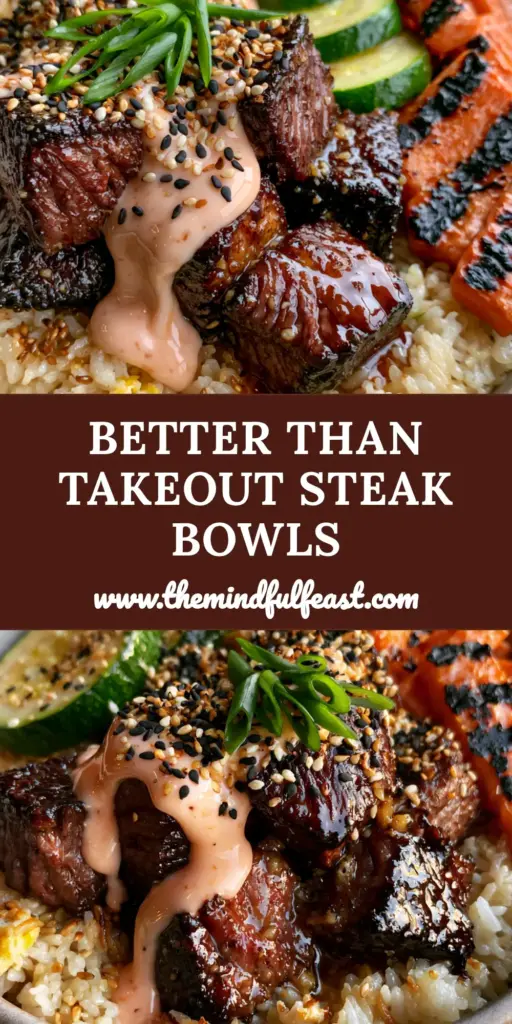 A gourmet Hibachi Steak Bowl with seared sirloin, golden fried rice, charred zucchini, and a thick drizzle of pink Yum Yum sauce. (Hibachi Steak Bowls)