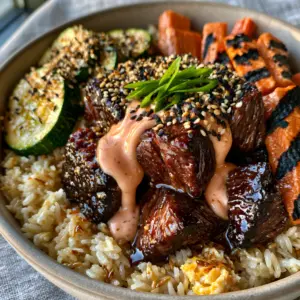 Close-up of glistening dark brown seared steak bites with garlic butter glaze in a Hibachi Steak Bowl. (Hibachi Steak Bowls)