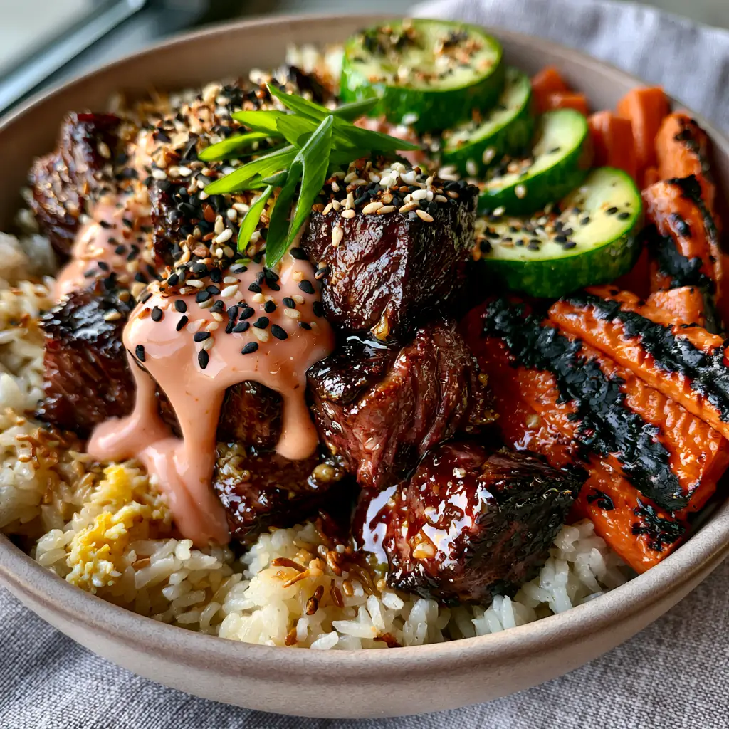 Hibachi Steak Bowls showing charred zucchini moons and blistered matchstick carrots next to golden fried rice.